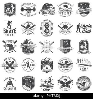 Jeu de baseball et le club de planche à roulettes d'un insigne. Vector illustration. Concept pour chemise ou d'un logo, d'impression, de timbres ou de pièce en t. Conception avec des battes de baseball, catcher, eagle, ball, la planche à roulettes et silhouette. Illustration de Vecteur