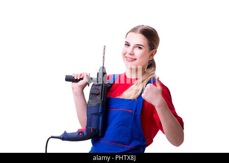 Jeune femme avec perceuse électrique isolated on white Banque D'Images