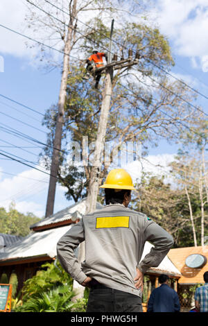 Monteur électricien travailleur réparateur sur colonne d'alimentation électrique poster Banque D'Images