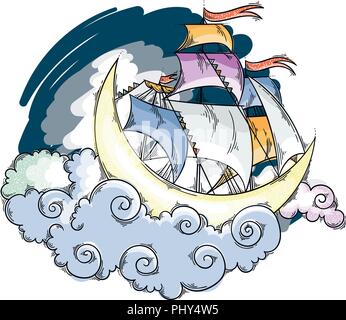 Magic moon flying ship dans les nuages au-dessus du ciel. Dreamland Fairy sailor, vector illustration pour livre d'enfants, cartes, pages, impression. Illustration de Vecteur