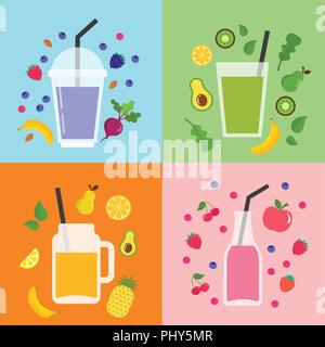 Collection de différents fruits, smoothies colorés dans un verre, bouteilles, bocaux Mason Illustration de Vecteur