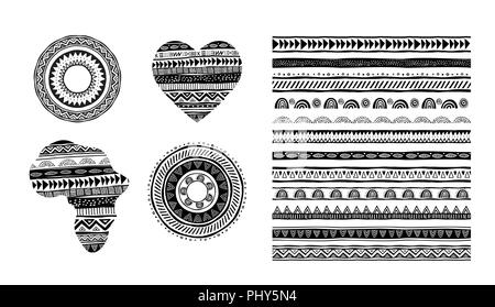 African, tribales, ethniques modèle vectoriel de pinceaux. Éléments de conception de scénario, tribal ornement géométrique, des cadres, des frontières. Tous les pinceaux utilisés inclus dans brush Illustration de Vecteur