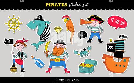 Collection de pirates hand drawn vector autocollants, anniversaire party concept Illustration de Vecteur