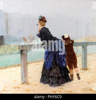 Femme élégante avec son enfant à l'hippodrome de Paris, France. Giuseppe de Nittis peintre Banque D'Images