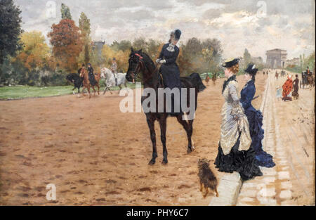 Dix-neuf siècle peinture : une femme sur un cheval en train de parler avec deux femmes, à l'raciecourse Paris. Peintre italien Giuseppe de Nittis Banque D'Images