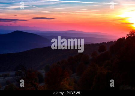Coucher de soleil sur collines couvertes d'arbres d'automne Banque D'Images