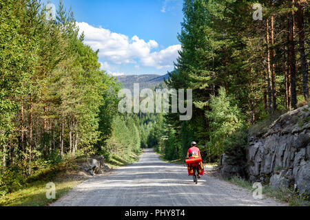 Cycliste voyageant monte un randonnée à vélo le long de la route de gravier dans le sud de la Norvège Banque D'Images