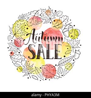 Vente d'automne modèle de page. Advertisment carte avec tirage main cpots les feuilles et à l'aquarelle sur fond blanc. Concept d'actualisation de l'automne. Illustration de Vecteur