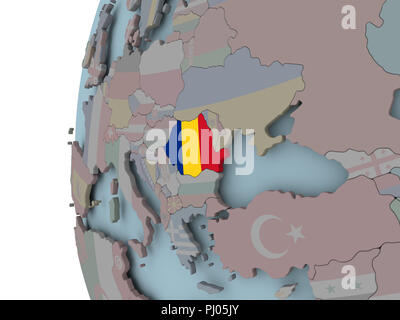 Roumanie avec des drapeaux sur la planète politique. 3D illustration. Banque D'Images