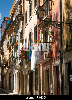 Portugal, Lisbonne, Alfama, Vieille Ville, lave accroché à l'extérieur de vieilles maisons peintes de couleurs vives Banque D'Images