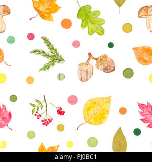 Ensemble d'objets et de points colorés de l'automne, aquarelle peinte et isolé sur fond blanc, motif transparent Banque D'Images