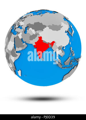 L'Inde sur le monde politique avec ombre isolé sur fond blanc. 3D illustration. Banque D'Images