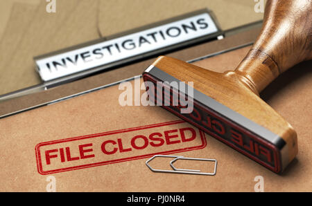 3D illustration d'un dossier d'enquête avec un tampon de caoutchouc et le mot fichier fermé. Concept d'enquêtes non résolus Banque D'Images