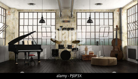 Grand piano, batterie et contrebasse dans un loft - 3D Rendering Banque D'Images