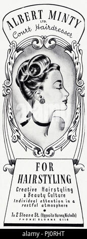 1940 old vintage publicité publicité originale Albert Minty coiffure de Sloane Street, London England UK magazine en Anglais vers 1947 Banque D'Images