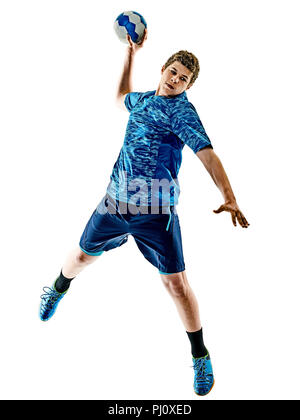 Un joueur de handball du Caucase adolescents dans studio isolé sur fond blanc Banque D'Images