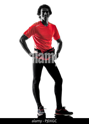 One man pratcticing runner jogger running jogging en silhouette studio isolé sur fond blanc Banque D'Images