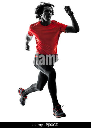 One man pratcticing runner jogger running jogging en silhouette studio isolé sur fond blanc Banque D'Images