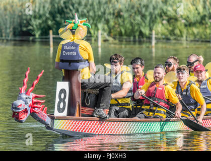 Fancy dress costumes portés par les participants à la course de bateaux-dragons organisée par les Rotary clubs à East Northants Wicksteed Park, Kettering, le 2 septembre Banque D'Images