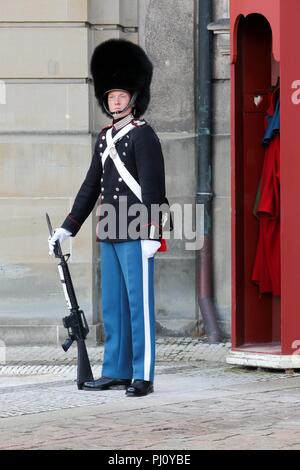 Copenhague, Danemark - 26 août 2018 : garde royale à la place d'Amalienborg, Copenhague, Danemark Banque D'Images