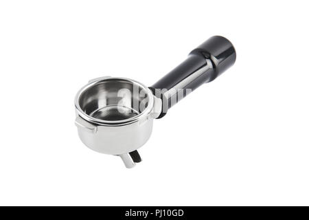Portafilter isolé sur fond blanc. Porte-filtre vide pour machine à café espresso. Black Espresso handle. Banque D'Images