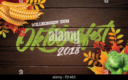 L'illustration de la bannière de l'Oktoberfest avec lettrage Typographie Vintage sur fond de bois. Fête de la bière allemande traditionnelle vecteur modèle Design avec du blé, du houblon et les feuilles d'automne pour carte de Vœux, Invitation, célébration Flyer ou affiche promotionnelle. Illustration de Vecteur