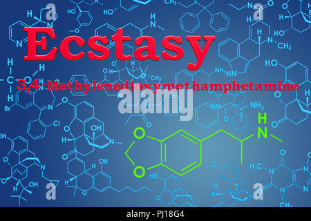 L'ecstasy 3,4-Methylâ enedioxyâ-€'methamphetamine (MDMA). Formule chimique, structure moléculaire. Le rendu 3D Banque D'Images