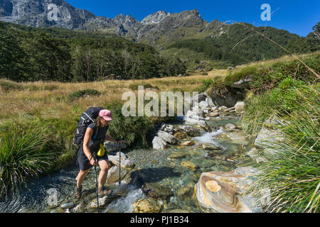 Randonnée femme à travers un ruisseau de la vallée de la rivière Dart, Mt aspirant National Park, South Island, New Zealand Banque D'Images