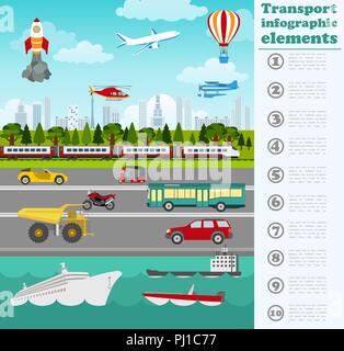 Éléments infographiques de transport. Voitures, camions, public, l'air, l'eau, transport ferroviaire. Illustration de style rétro. Vector Illustration de Vecteur