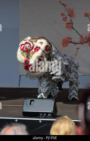 BERLIN - 15 avril 2018 : Jour de floraison Sakura. Parc 'Jardins du Monde' (Gaerten der Welt). Danse du dragon. L'art traditionnel chinois. Banque D'Images