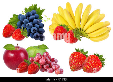 Les bananes, fraises, pommes et raisins isolé sur fond blanc Banque D'Images
