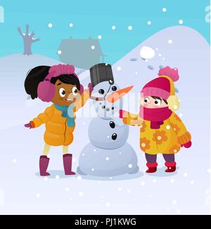 Heureux les enfants jouant avec bonhomme de neige. Funny little rif en promenade dans l'hiver à l'extérieur. Bâtiment enfants bonhomme de neige jeux en plein air aux beaux jours d'hiver enneigé. Plein air sur vacances de Noël. Vector Illustration de Vecteur