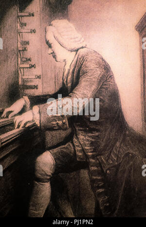 Une photo de Johann Sebastian Bach, le compositeur allemand vu ici à son orgue Banque D'Images