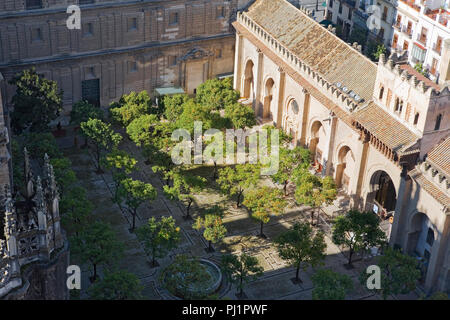 La Cathédrale de Séville, et le Patio de los Naranjos, ou Orange Tree, cour intérieure de la tour Giralda Banque D'Images