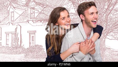 Couple in front of house croquis dessin Banque D'Images