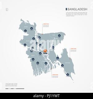 Le Bangladesh plan avec les frontières, villes, capitale et divisions administratives. Infographie carte vectorielle. Couches modifiables clairement étiquetés. Illustration de Vecteur