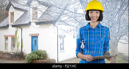 Image composite de female architect holding blueprint et presse-papiers contre l'arrière-plan gris Banque D'Images