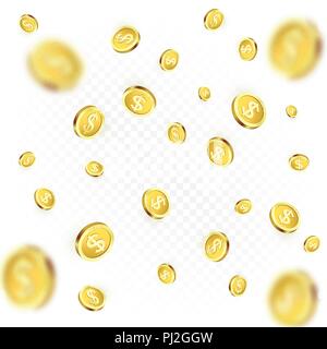 Rain of golden coins. Falling or flying money. Realistic gold coin on transparent background. Bingo jackpot or casino poker or win element. Cash treas Illustration de Vecteur