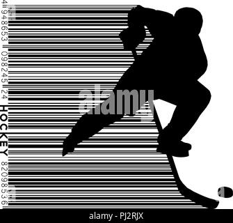 Silhouette d'un joueur de hockey et code-barres. Arrière-plan et le texte sur un calque séparé, la couleur peut être changée en un clic. Illustration de Vecteur