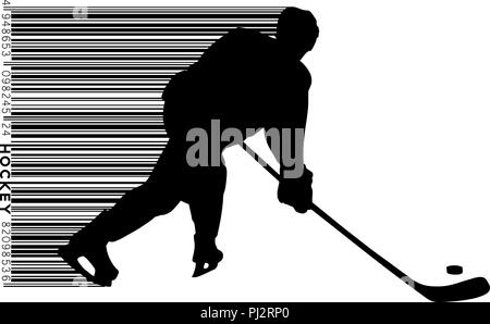 Silhouette d'un joueur de hockey et code-barres. Arrière-plan et le texte sur un calque séparé, la couleur peut être changée en un clic. Illustration de Vecteur