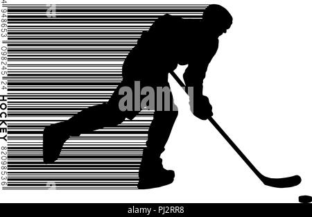 Silhouette d'un joueur de hockey et code-barres. Arrière-plan et le texte sur un calque séparé, la couleur peut être changée en un clic. Illustration de Vecteur