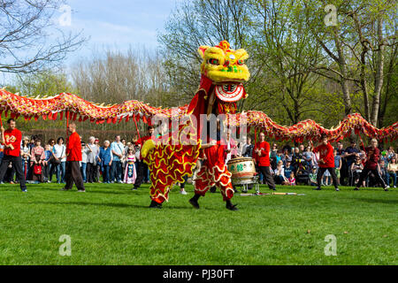 BERLIN - 15 avril 2018 : Jour de floraison Sakura. Parc 'Jardins du Monde' (Gaerten der Welt). Danse du dragon. L'art traditionnel chinois. Banque D'Images