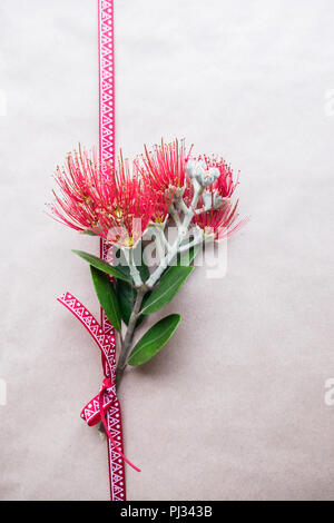 Cadeaux de Noël avec du papier avec du ruban et des fleurs Pohutukawa - connu sous le nom de l'arbre de Noël de Nouvelle-Zélande Banque D'Images