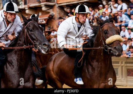 Jockeys locaux Tester les chevaux qui s'exécute dans le Palio di Siena, Sienne, Italie Banque D'Images