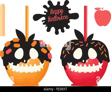 Apple rouge et orange avec caramel, chocolat un bonbon sur des bâtons. Happy Halloween dessert. Vector illustration sur fond blanc. Illustration de Vecteur