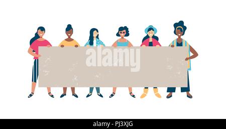 Femme divers group holding blank banner pour événement spécial texte. Happy young girl friends avec signe vide modèle sur les droits des femmes, la charité de protestation b Illustration de Vecteur