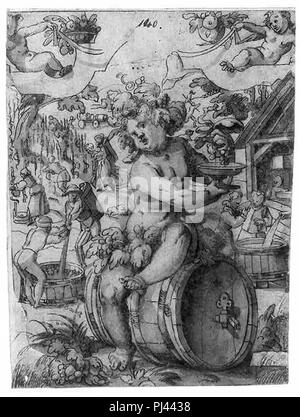 Figure Bacchus assis sur un tonneau de vin avec des gens à l'arrière-plan peut-être écraser les raisins pour le vin ; peut-être fait qu'une étude pour vitrail Banque D'Images