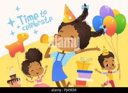 Joyeux anniversaire enfants afro-américains dans des ballons et chapeaux heureusement sauter. Le lapin mignon, un tas de présente sur l'arrière-plan. Vector Illustration d'un joyeux anniversaire Carte de Vœux ou invitation flyer. Illustration de Vecteur