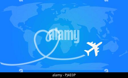 Love Travel Concept. Avion en laissant derrière lui une traînée de fumée en forme de l'amour fait main volant dans le ciel bleu. Illustration de Vecteur