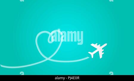 Love Travel Concept Illustration un vol d'un avion dans le ciel bleu sombre en laissant derrière lui une traînée de fumée en forme de l'amour Illustration de Vecteur